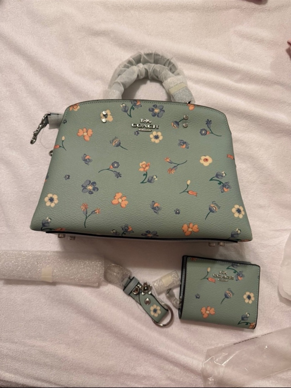 Coach Floral Dome Satchel in Mint Green with Multicolor Blossoms